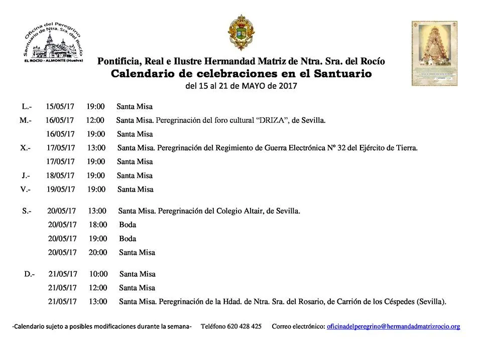 Calendario de Celebraciones en el Santuario del Rocío del 15 al 21 de mayo de 2017
