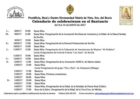 Calendario de celebraciones en el Santuario del Rocío del 6 al 14 de mayo de 2017