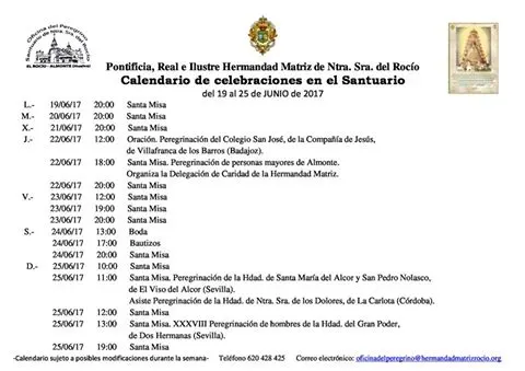 Calendario de Celebraciones en el Santuario del Rocío del 19 a 25 de junio de 2017