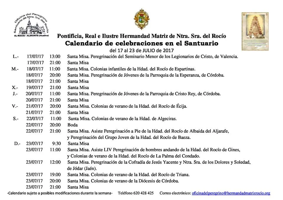 Calendario de Celebraciones en el Santuario del Rocío del 17 al 23 de jukio de 2017