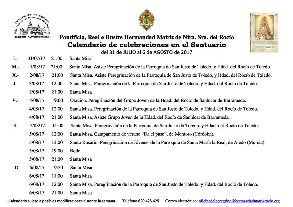 Calendario de Celebraciones en el Santuario del Rocío del 31 de julio al 6 de agosto de 2017