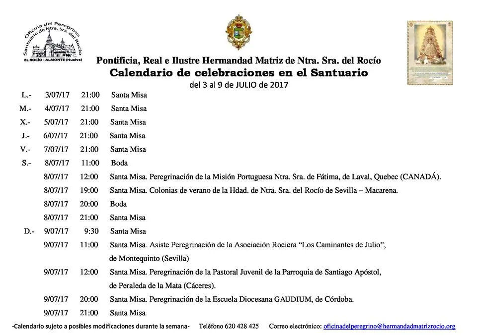 Calendario de Celebraciones en el Santuario dle Rocío del 3 al 9 de julio de 2017