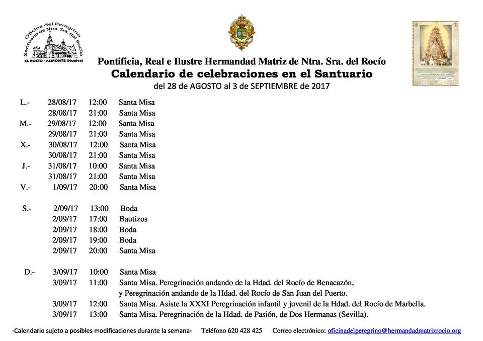 Calendario de Celebraciones en el SAantuario del Rocío del 28 de agosto al 3 de septiembre de 2017