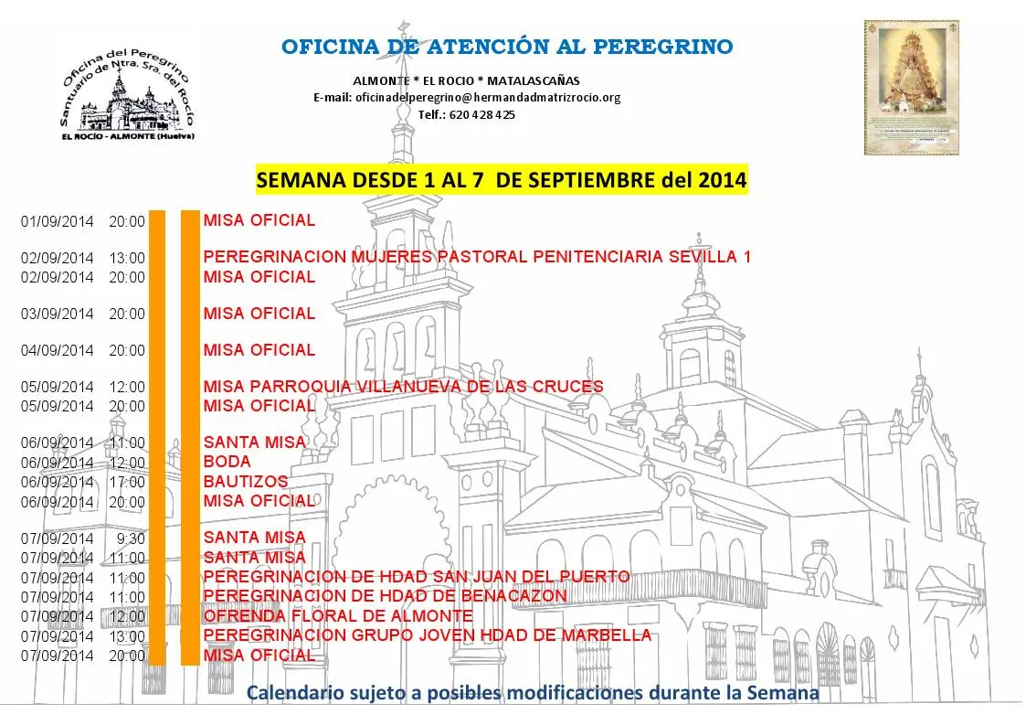 Calendario de Celebraciones en el Santuario del Rocío del 1 al 7 de septiembre de 2017