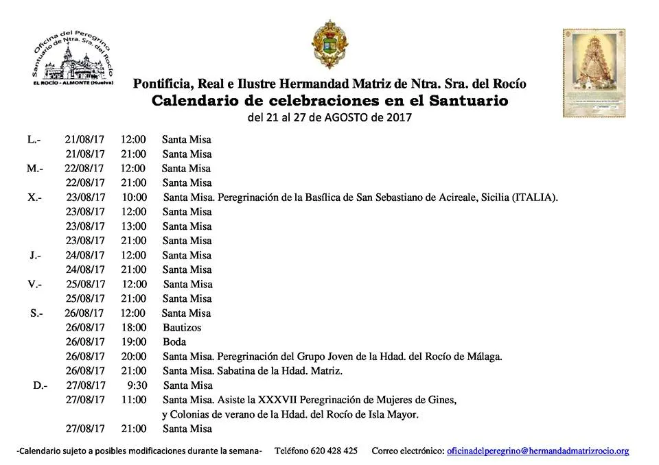 Calendario de Celebraciones en el Santuario del Rocío del 21 al 27 de agosto de 2017