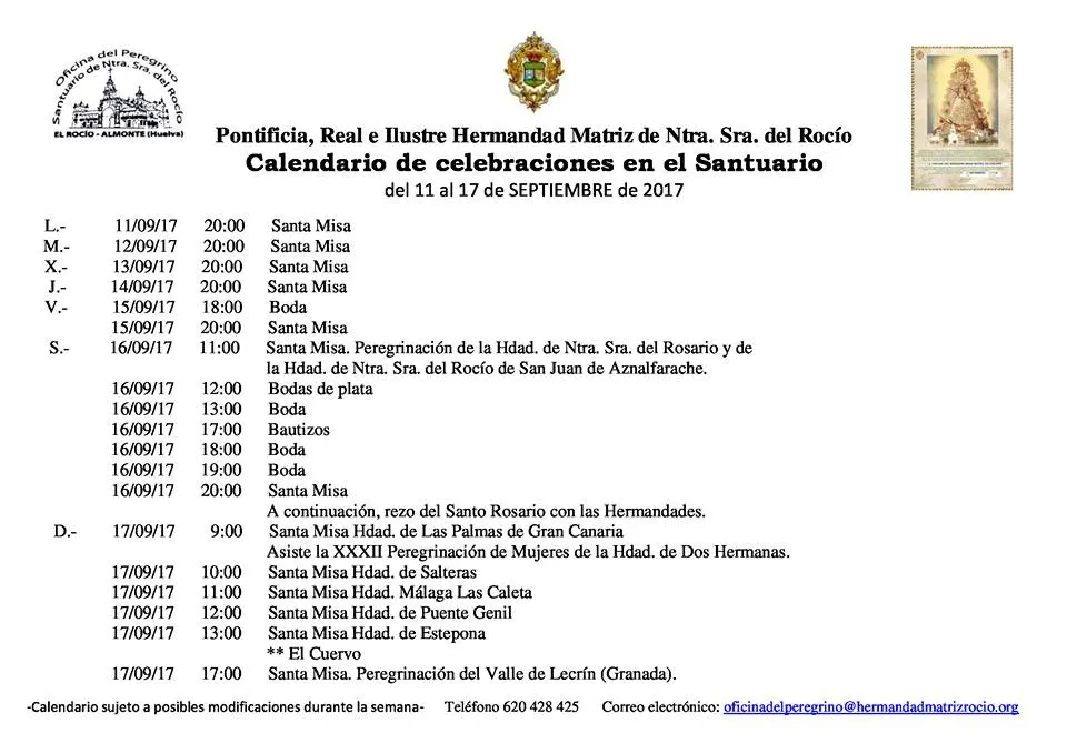 Calendario de Celebraciones en el Santuario del Rocío del 11 al 17 de septiembre de 2017