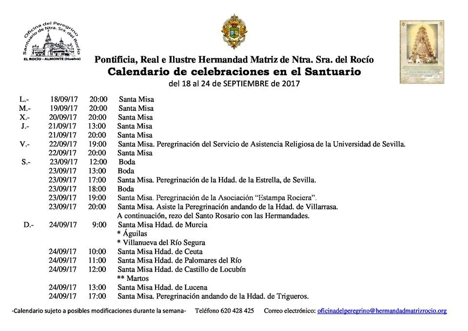Calendario de Celebraciones en el Santuario del Rocío del 18 al 24 de septiembre de 2017