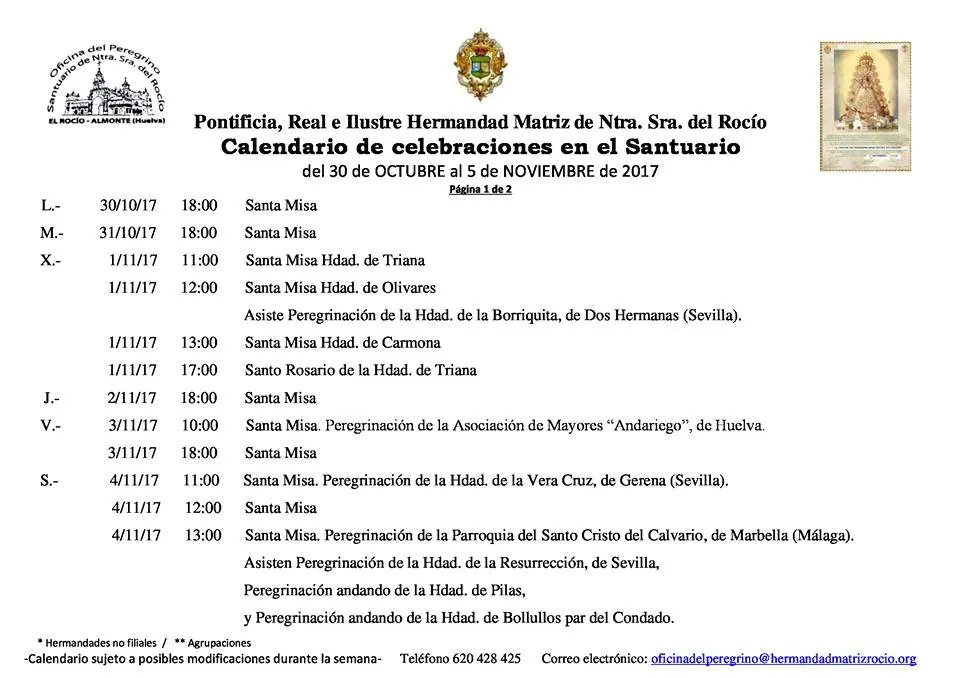 Calendario de CElebraciones en el Santuario del Rocío del 30 de octubre al 5 de noviembre de 2017-1