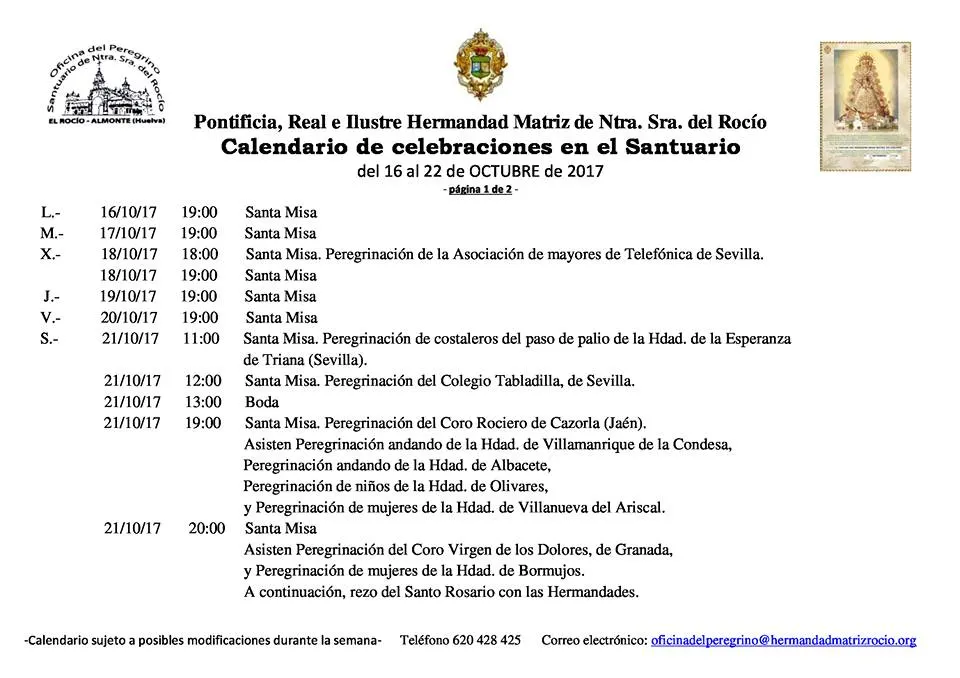 Calendario de Celebraciones en el Santuario del Rocío del 16 al 22 de octubre de 2017