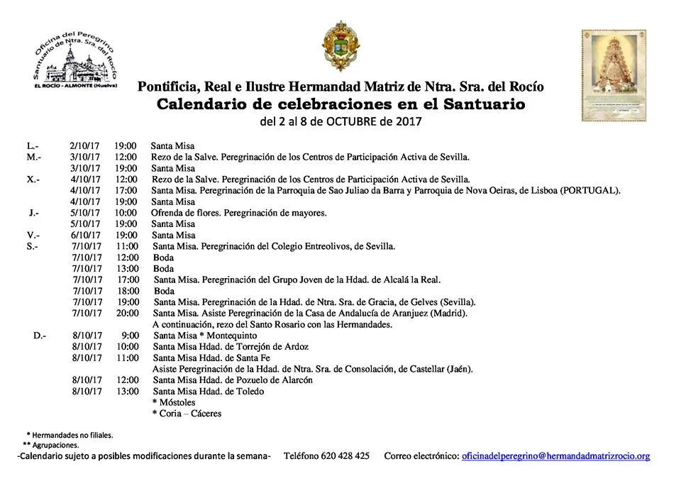 Calendario de Celebraciones en el Santuario del Rocío del 2 al 8 de octubre de 2017