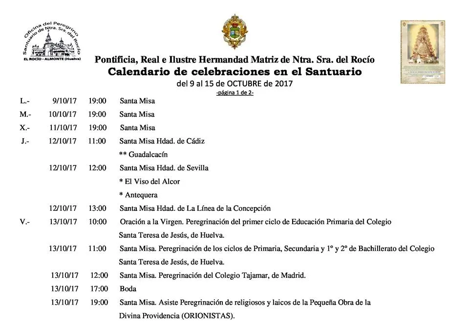 Calendario de Celebraciones en el Santuario del Rocío del 9 al 15 de octubre de 2017-1