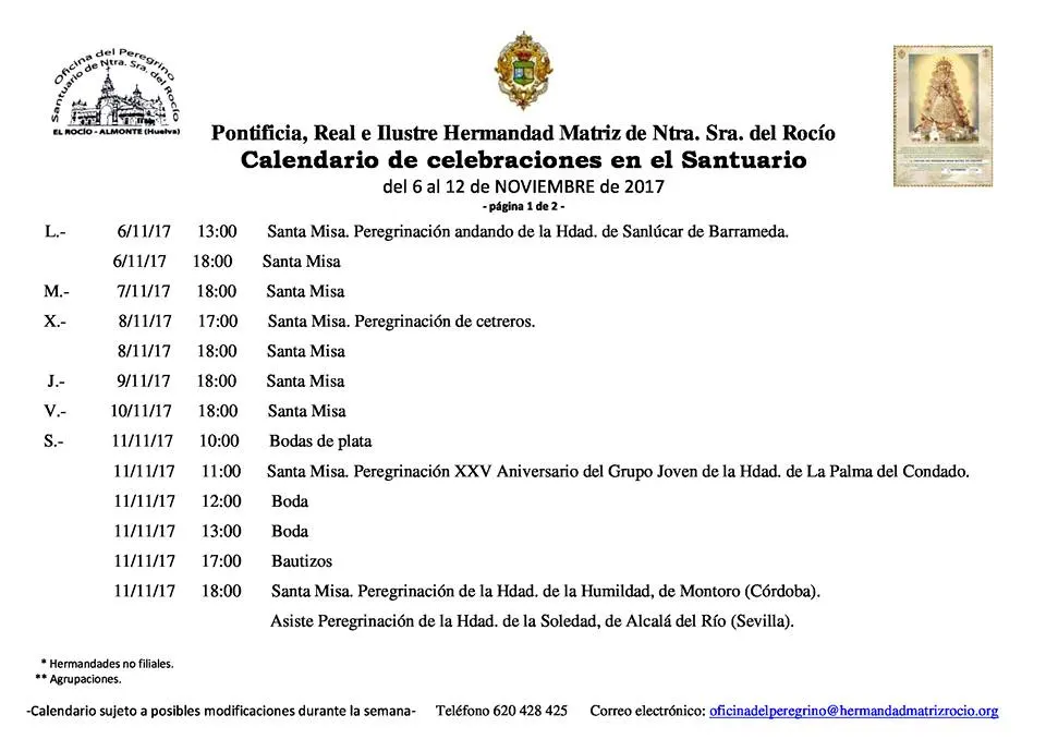 Calendario de Celebraciones en el Santuario del Rocío del 6 al 12 de noviembre de 2017-1