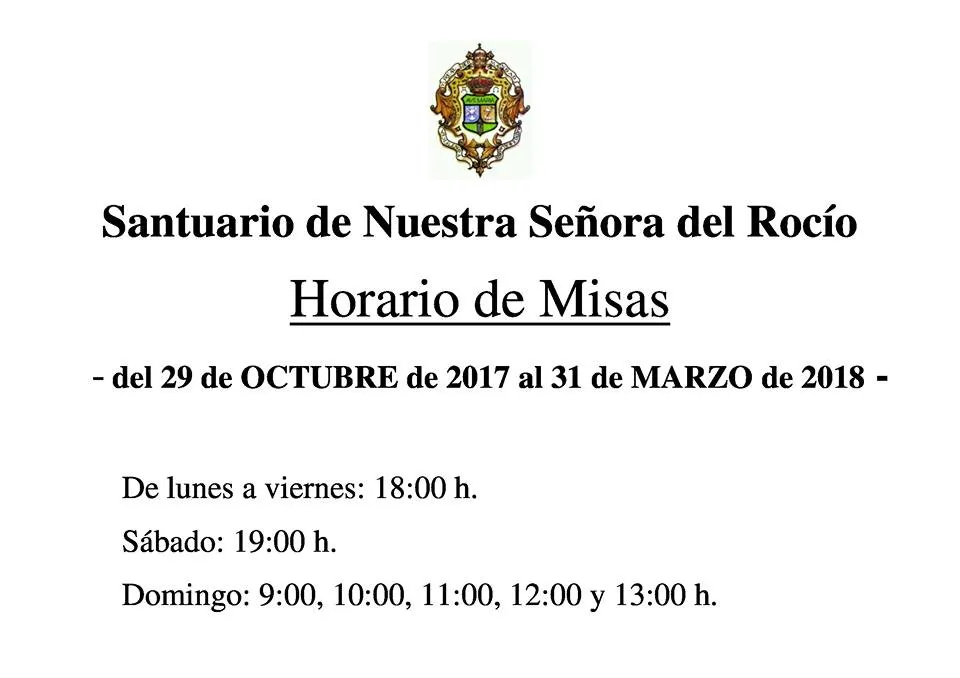 Horario misas Rocio octubre a marzo 2018