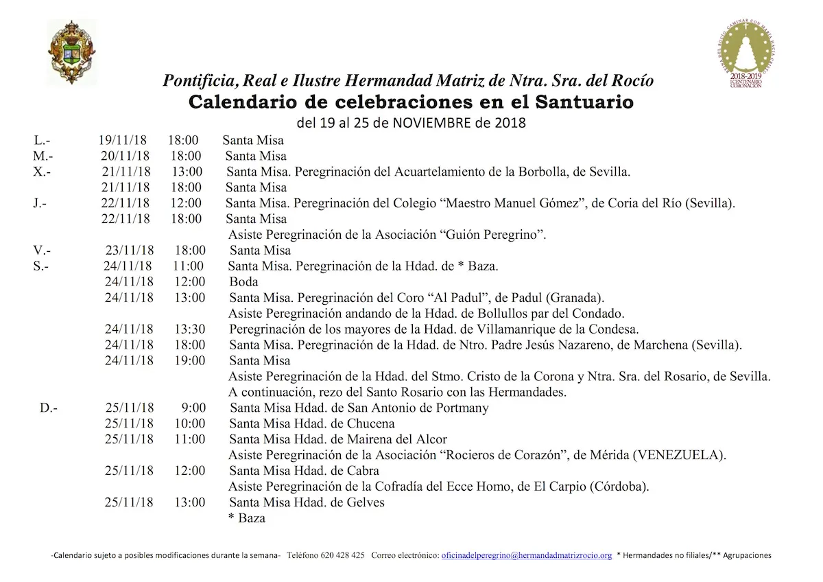 Calendario de Celebraciones en el Santuario del Rocio del 19 al 25 de noviembre de 2018
