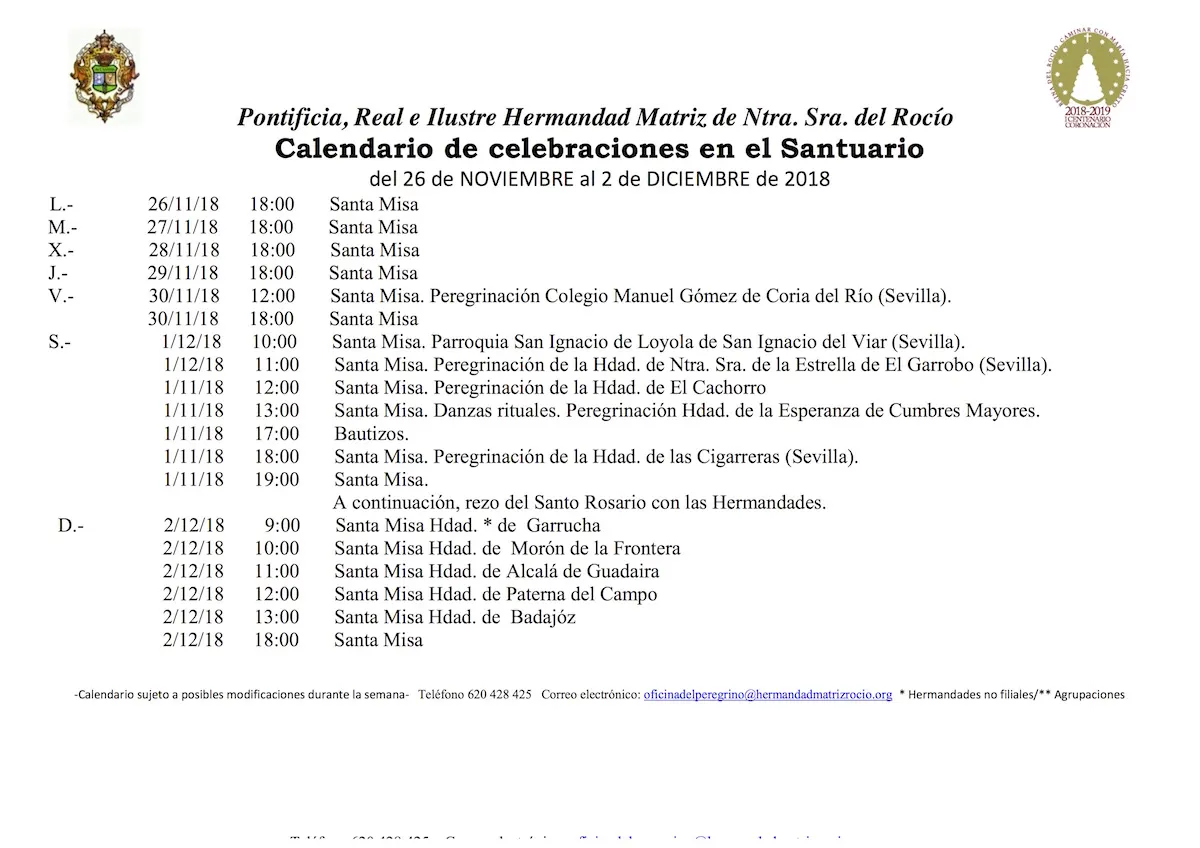 Calendario de Celebraciones en el Santuario del Rocio del 26 de noviembre al 2 de diciembre de 2018