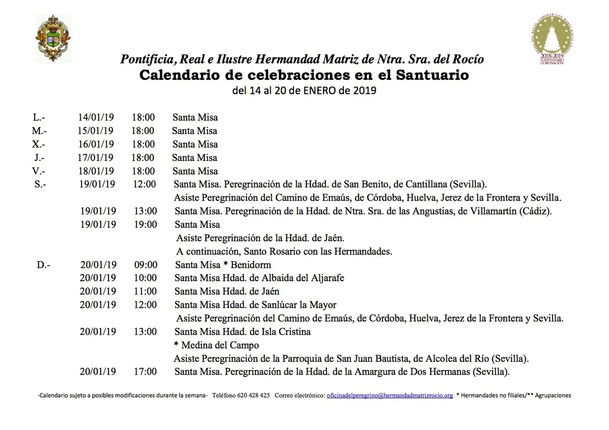 Calendario de Celebraciones en el Santuario del Rocío del 14 al 20 de enero de 2018
