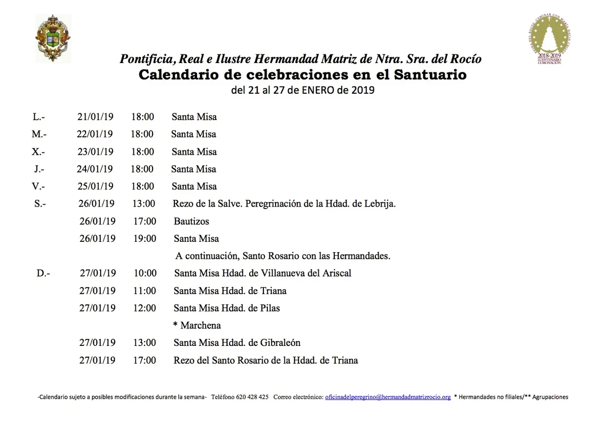 Calendario de Celebraciones en el Santuario del Rocio del 21 al 27 de enero de 2019