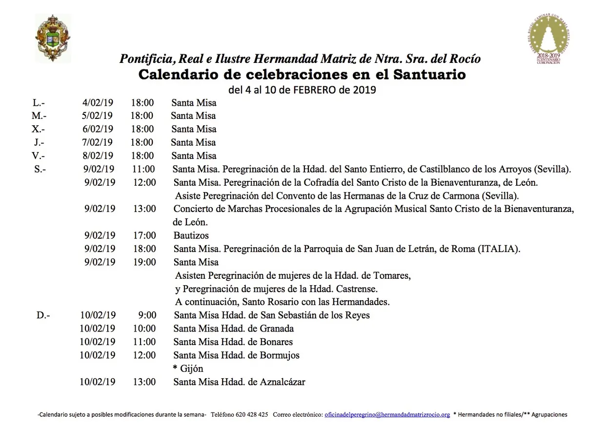 Calendario de Celebraciones en el Santuario del Rocío del 4 al 10 de febrero de 2019