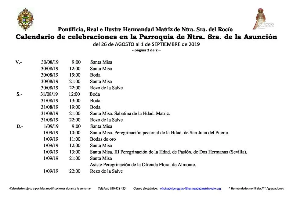 Calendario de Celebraciones en la Parroquia de la Asuncion de Almonte del 26 de agosto al 1 de septiembre de 2019