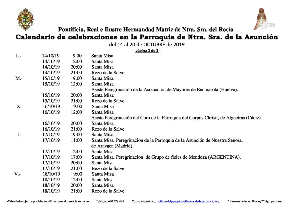 Calendario ce Celebraciones en la Parroquia de la Asuncion de Almonte del 14 al 20 de octubre de 2019