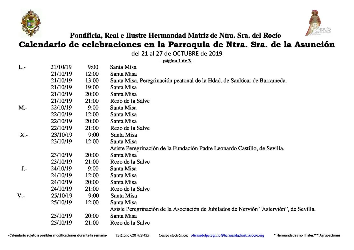 Calendario de Celebraciones en la Parroquia de la Asuncion del 21 al 27 de octubre 2019-1