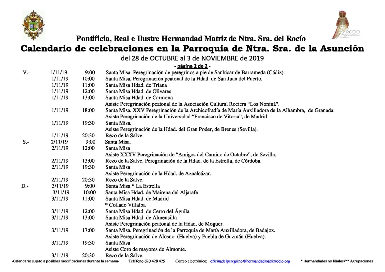 Calendario de Celebraciones en la parroquia de la Asuncion del 28 de octubre al 3 de noviembre de 2019-2