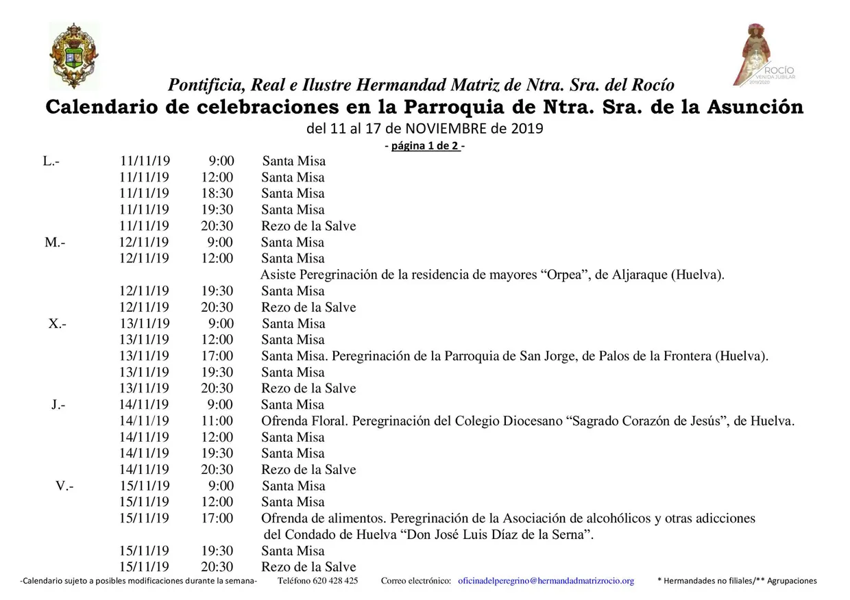 Calendario de Celebraciones en la Parroquia de la Asuncion del 11 al 17 de noviembre de 2019-1