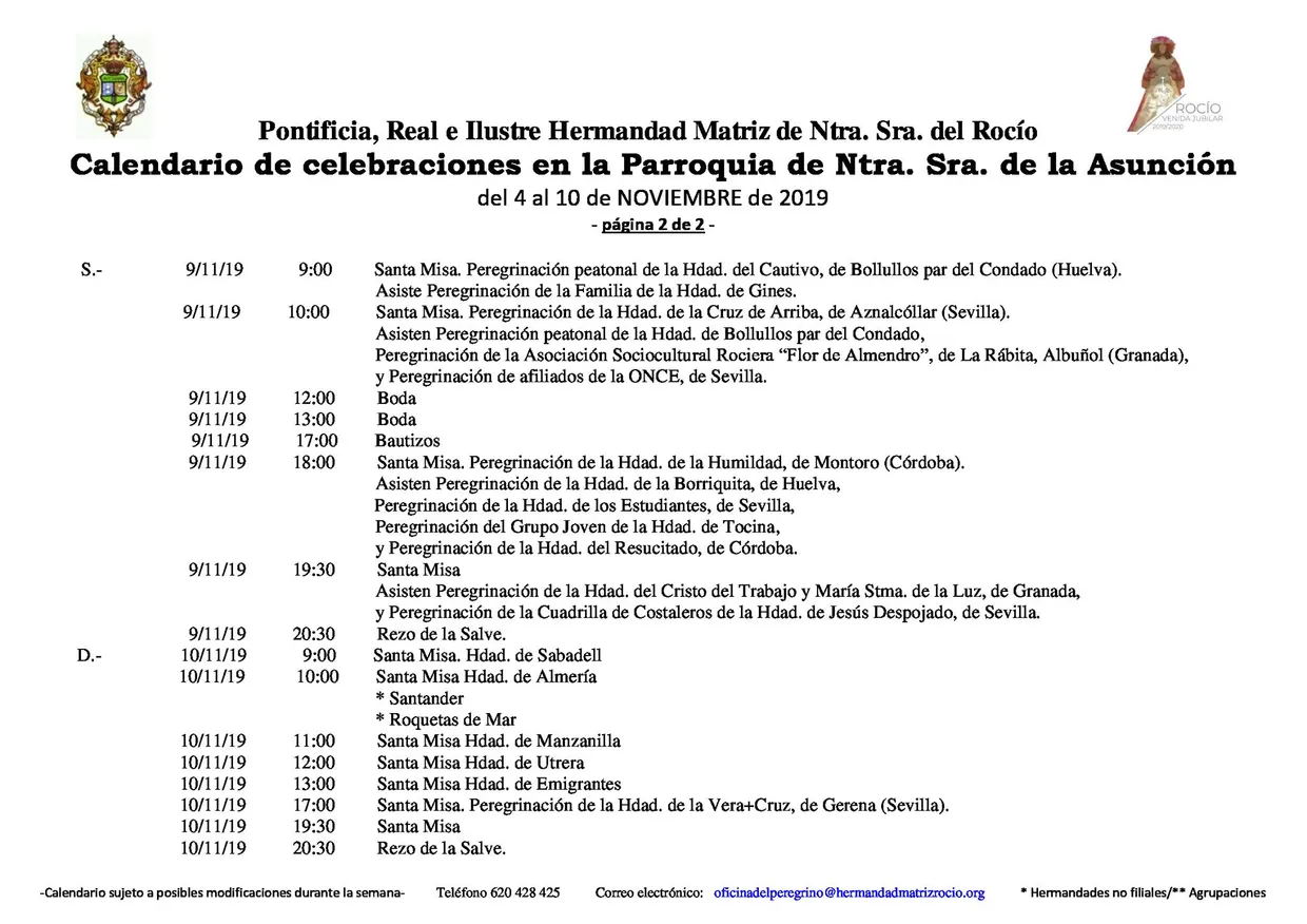 Calendario de Celebraciones en la parroquia de la Asuncion del 4 al 10 de noviembre de 2019-2