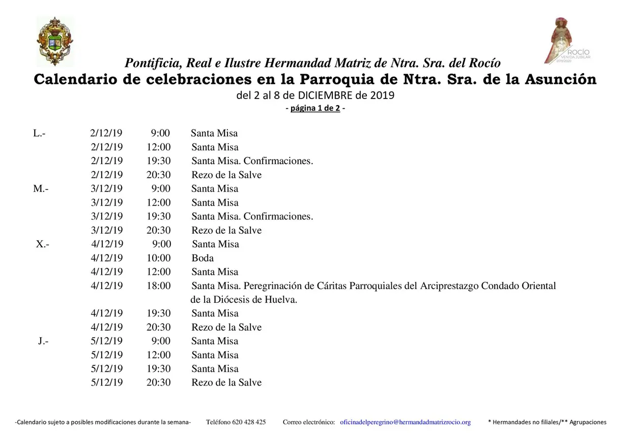 Calendario de Celebraciones en la Parroquia de la Asuncion del 2 al 8 de diciembre de 2019-1