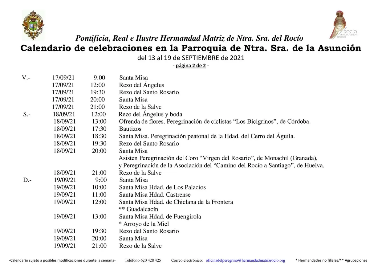 Calendario celebraciones Rocio del 13 ql 19 de septiembre 2021-2