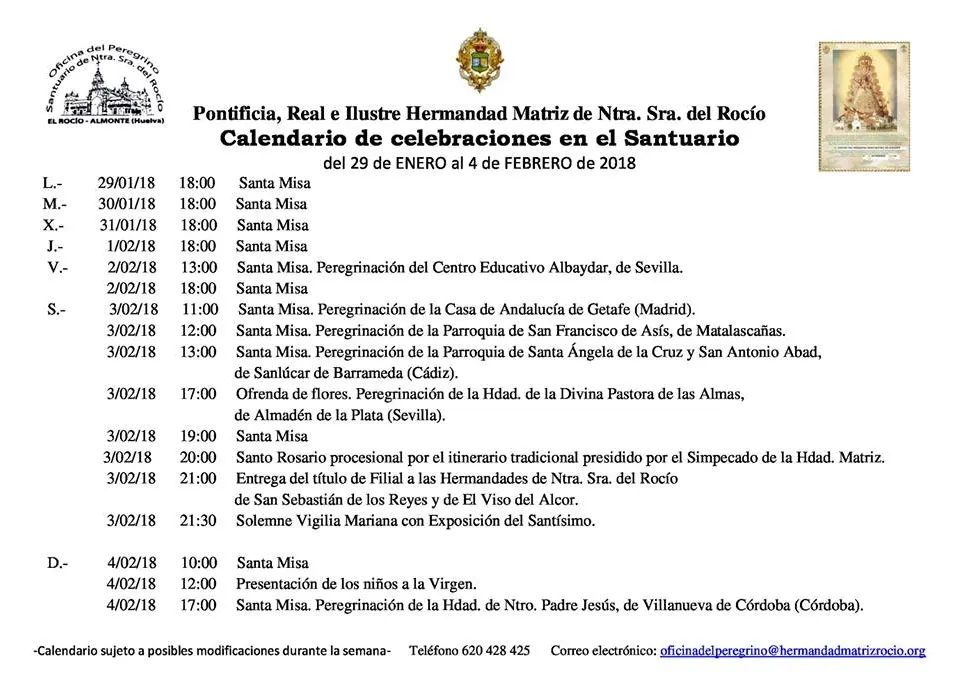 Calendario de Celebraciones en el Santuario del Rocio del 29 de enero al 4 de febrero de 2018