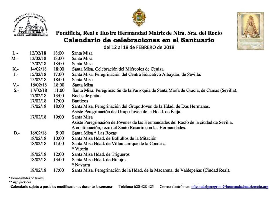 Calendario de Celebraciones en el Santuario del Rocio del 12 al 18 de febrero de 2018