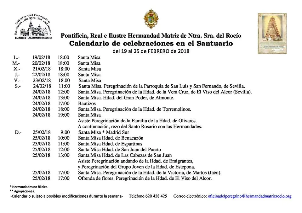 Calendario de Celebraciones en el Santuario del Rocio del 19 al 25 de febrero de 2018