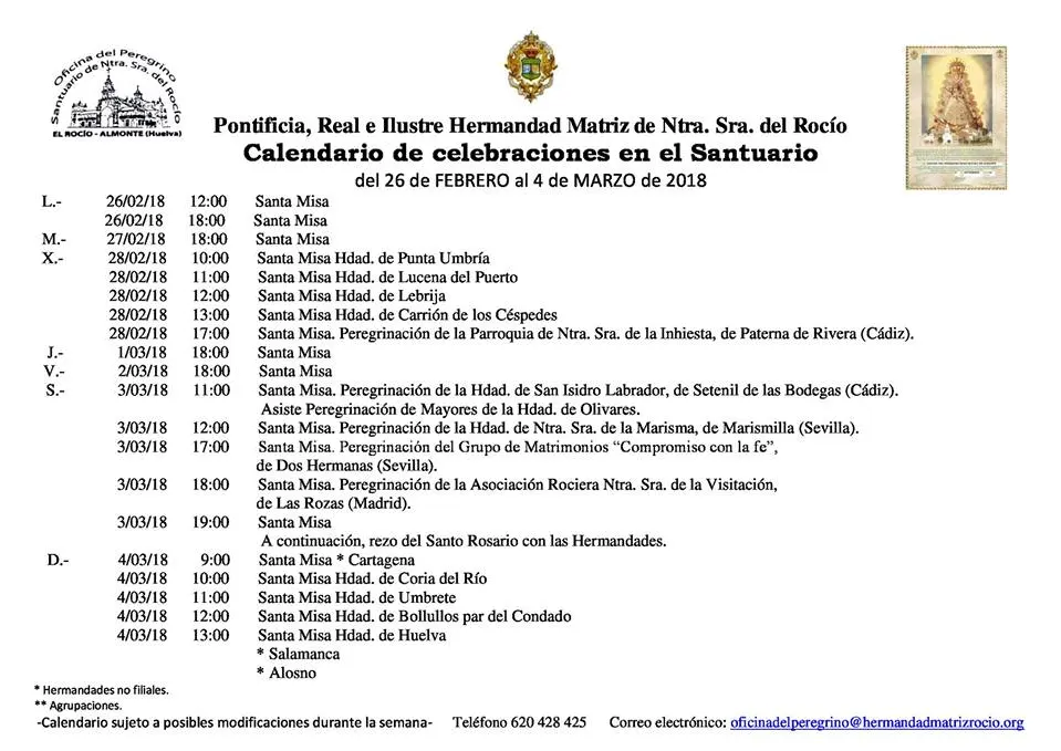 Calendario de Celebraciones en el Santuario del Rocio del 26 de febrero al 4 de marzo de 2018