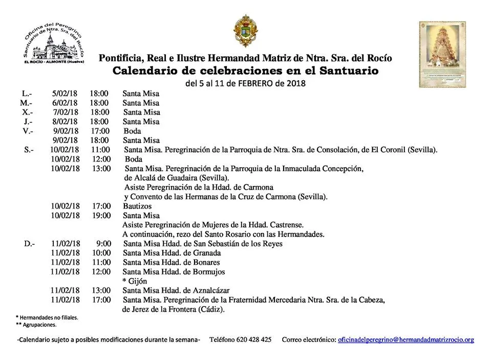 Calendario de Celebraciones en el Santuario del Rocio del 5 al 11 de febrero de 2018