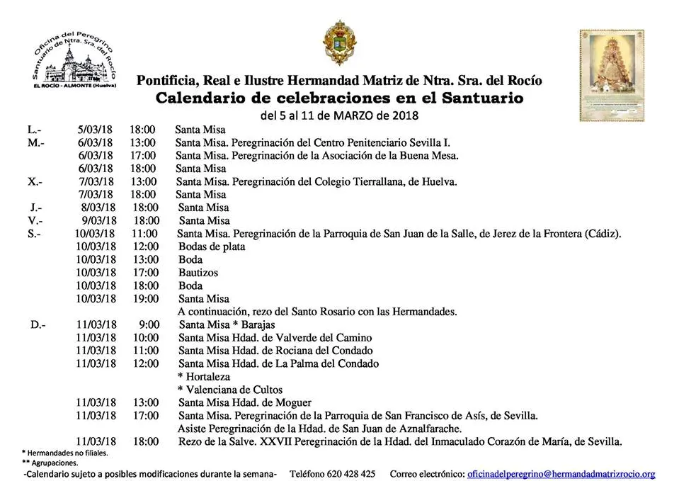 Calendario de Celebraciones en el Rocio del 4 al 11 de marzo de 2018