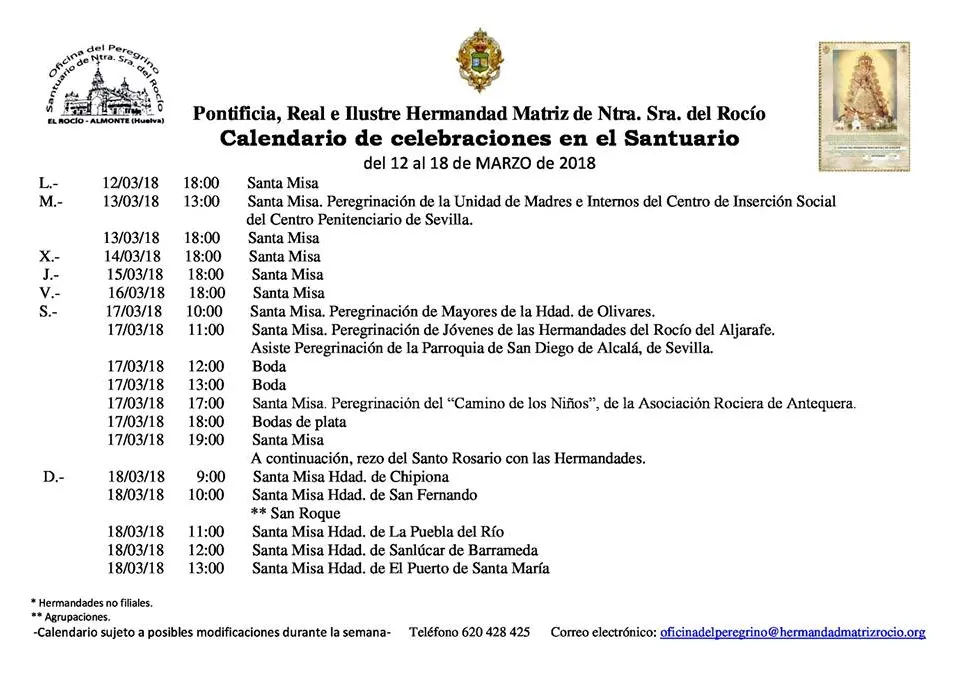 Calendario de Celebraciones en el Santuario del Rocio del 12 al 18 de marzo de 2018