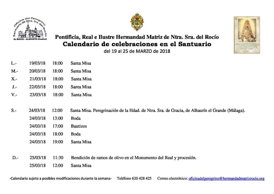 Calendario de Celebraciones en el Santuario del Rocio del 19 al 26 de marzo de 2018