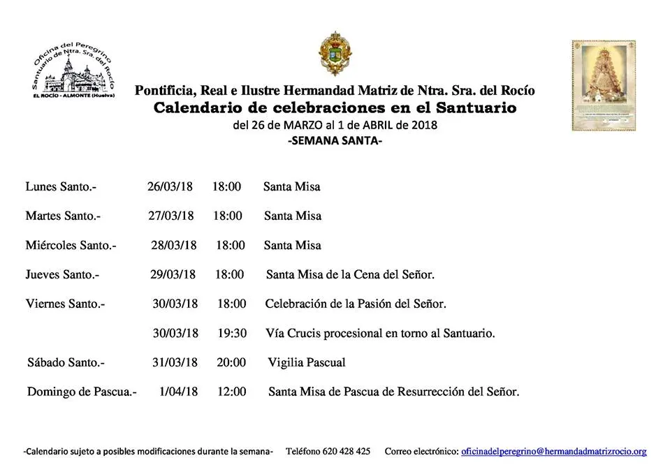Calendario de Celebraciones en el Santuario del Rocio del 26 de marzo al 1 de abril de 2018