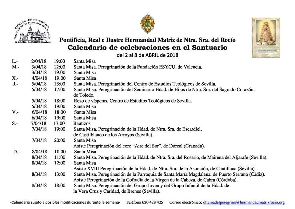 Calendario de Celebraciones en el Santuario del Rocio del 2 al 8 de abril d 2018