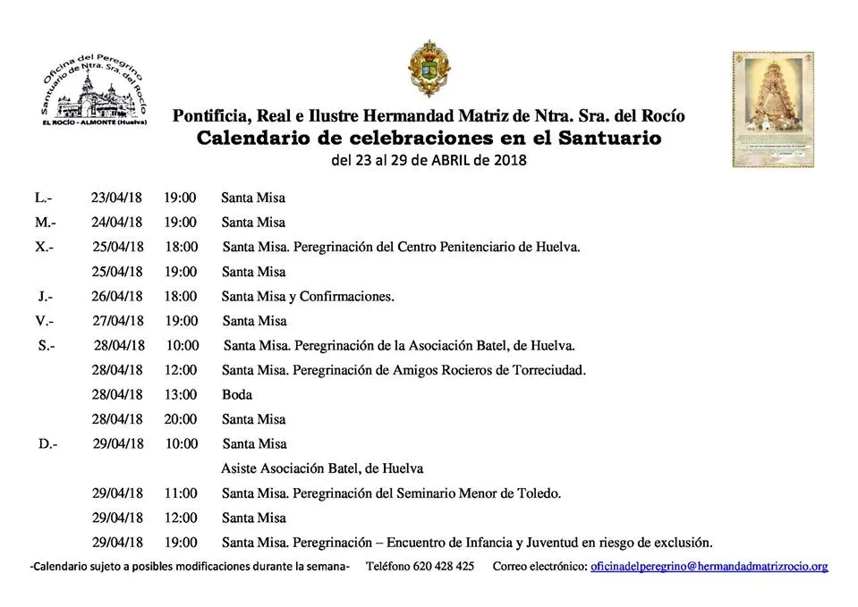 Calendario de Celebraciones en el Santuario del Rocio del 23 al 29 de abril de 2018