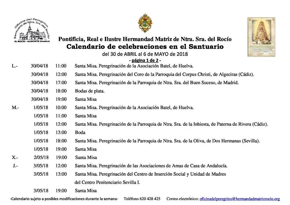 Calendario de Celebraciones en el Santuario del Rocio del 30 de abril al 6 de mayo de 2018
