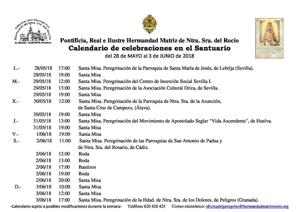 Calendario de Celebraciones en el Santuario del Rocio del 28 de mayo al 3 de junio de 2018
