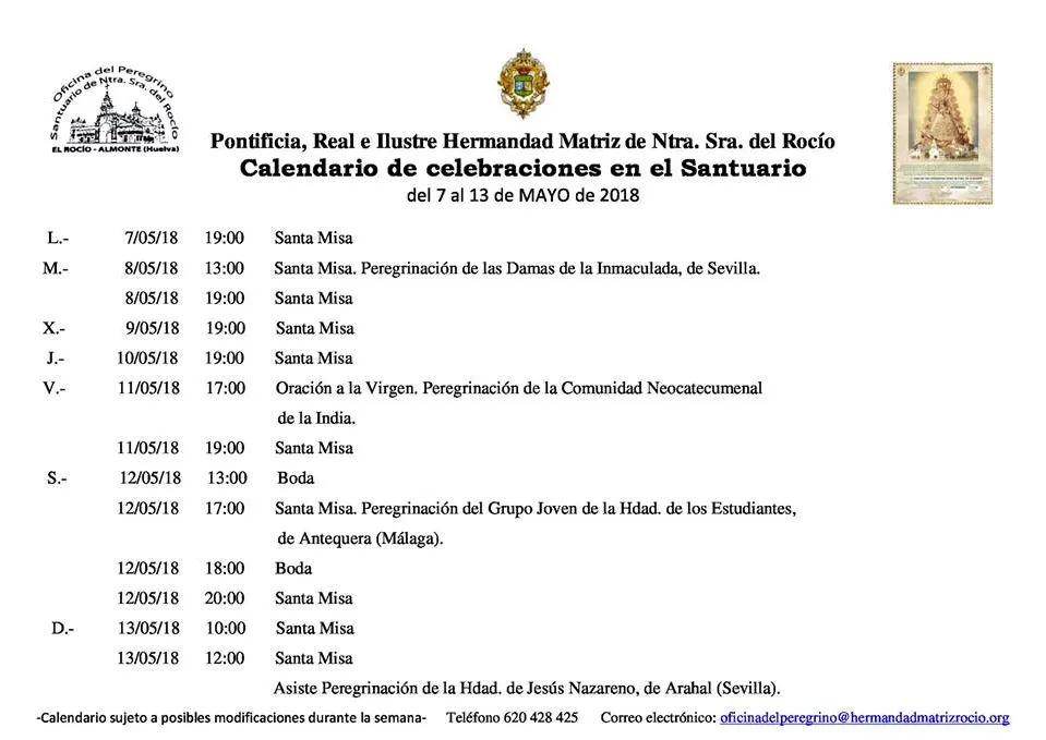 Calendario de Celebraciones en el Santuario del Rocio del 7 al 13 de mayo de 2018