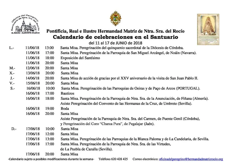 Calendario de Celebraciones en el Santuario del Rocio del 11 al 17 de junio de 2018