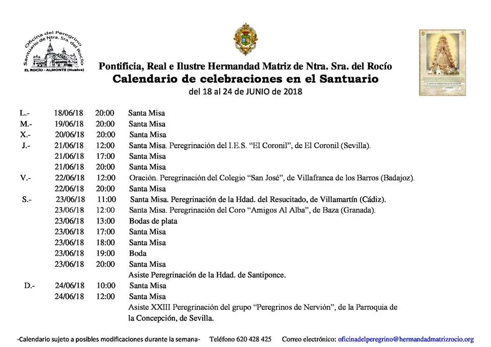 Calendario de Celebraciones en el Santuario del Rocio del 18 al 24 de junio de 2018