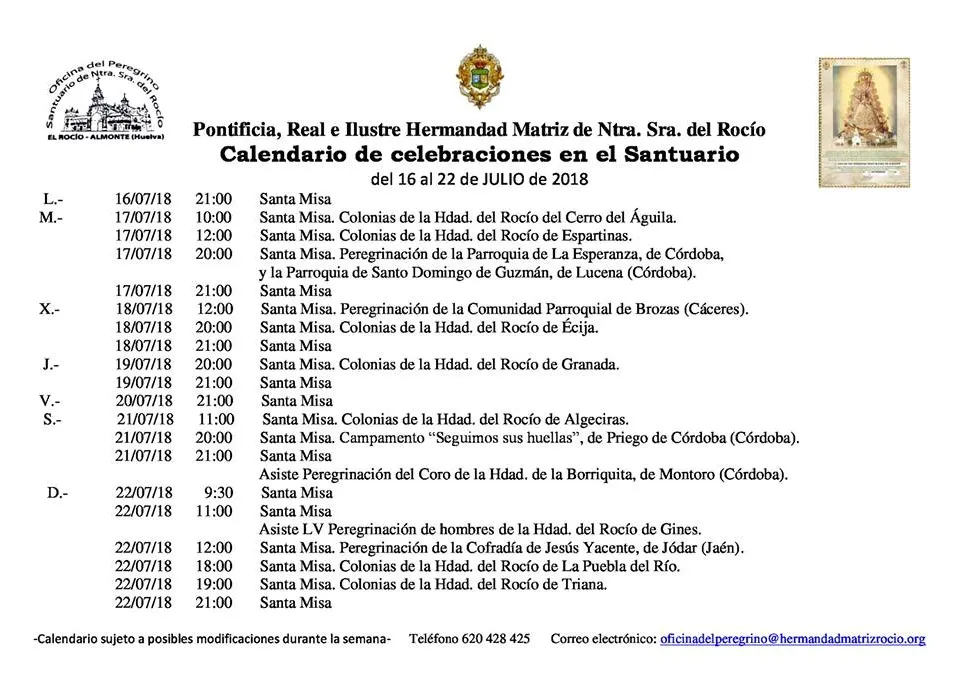 Calendario de Celebraciones en el Santuario del Rocio del 16 al 22 de julio de 2018