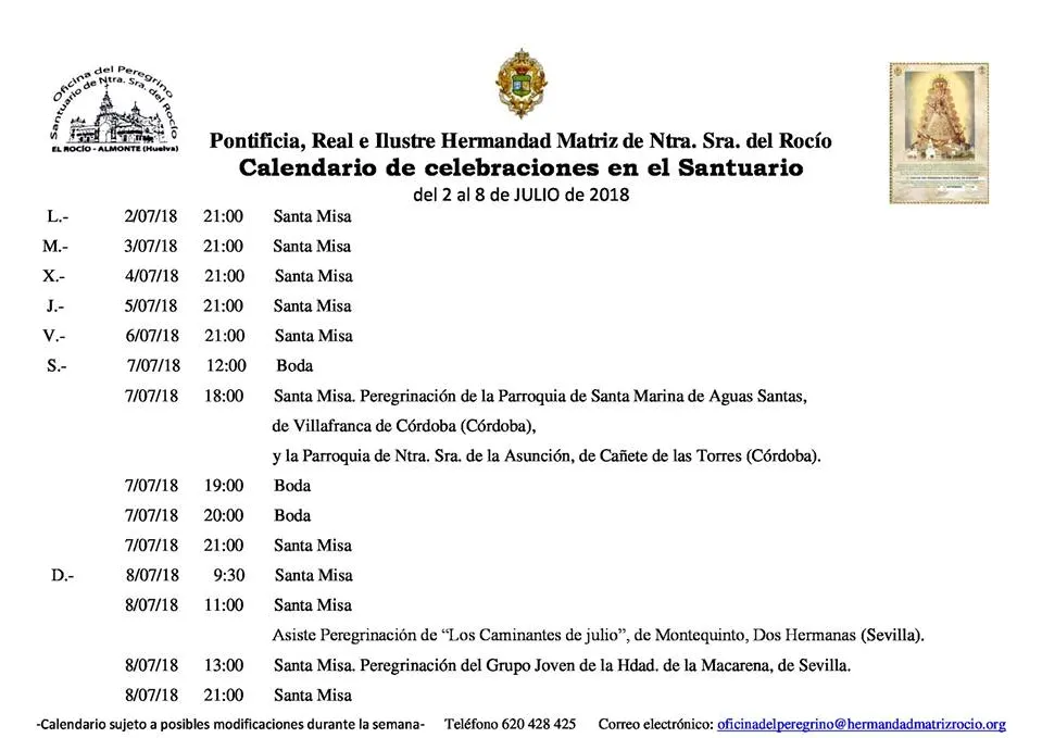 Calendario de Celebraciones en el Santuario del Rocio del 2 al 8 de julio de 2018