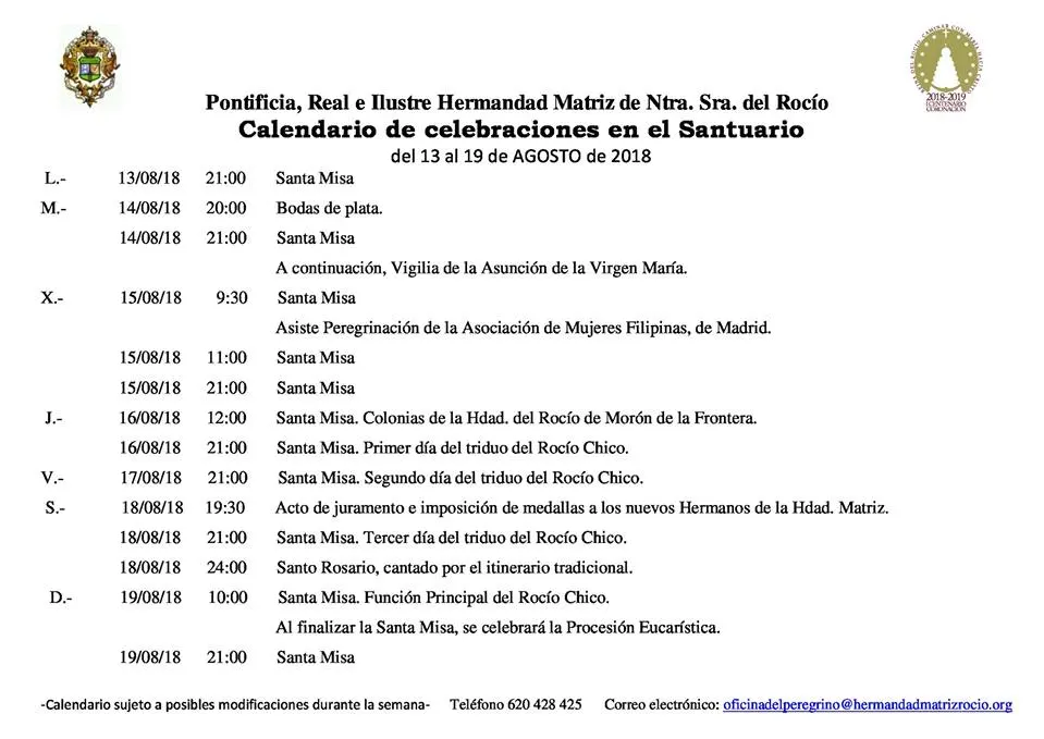 Calendario de Celebraciones en el Santuario del Rocio del 13 al 19 de agosto de 2018