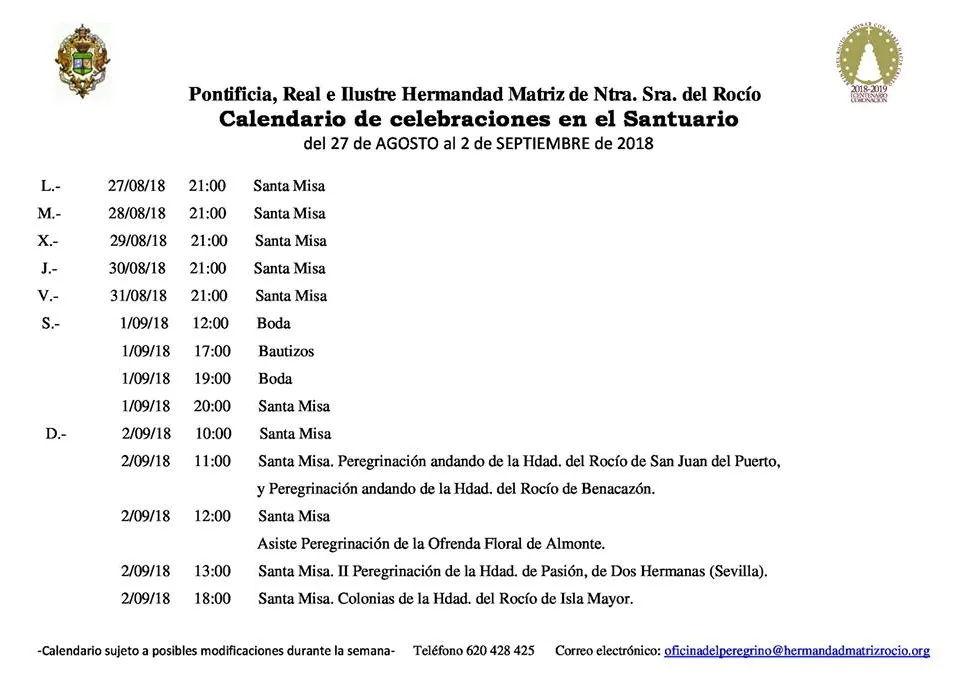 Calendario de Celebraciones en el Santuario del Rocio del 27 de septiembre al 2 de agosto de 2018